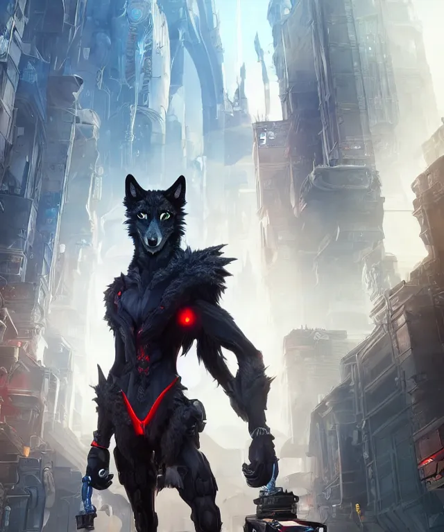 Prompt: a male anthropomorphic dark gray wolf, long red hair, blue eyes, in a futuristic city, hyper detailed, digital art, trending in artstation, cinematic lighting, studio quality, smooth render, unreal engine 5 rendered, octane rendered, art style by pixar dreamworks warner bros disney riot games and overwatch.