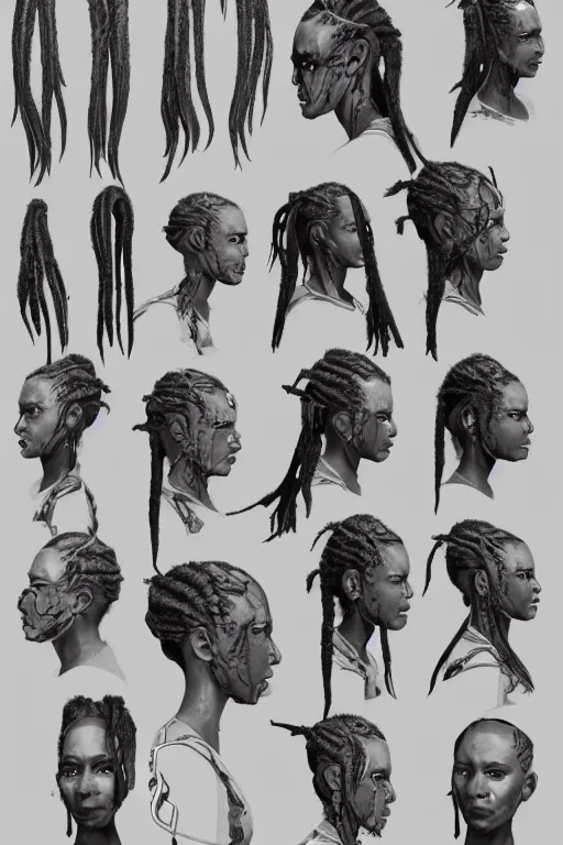 Image similar to african dreadlock hairstyles!! cyborg female with gunmetal grey skin, medical anatomy, paneled face, highly detailed, mecha, mechanical implants, three - perspective / three - view reference sheet ( front / back / side ), in the style of dan ouellette, dren from splice, hr giger, sil from species, artstation, unreal engine