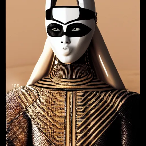 Image similar to portrait of masked dune dynasty with chanel clothes, white background, chanel logo, 8 k, symmetrical, 3 d render, octane render, insane details