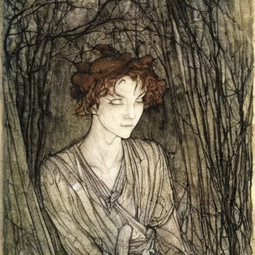 Image similar to by arthur rackham bleak. a kinetic sculpture beauty & mystery of the woman sitting before us. enigmatic smile & gaze invite us into her world, & we cannot help but be drawn in. soft features & delicate way she is dressed make her almost ethereal. landscape distance & mystery. what secrets this woman holds.