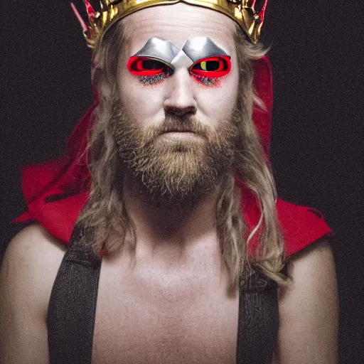 Image similar to man with a crown, smirk, photograph, black backgrounds, glowing red eyes, thor