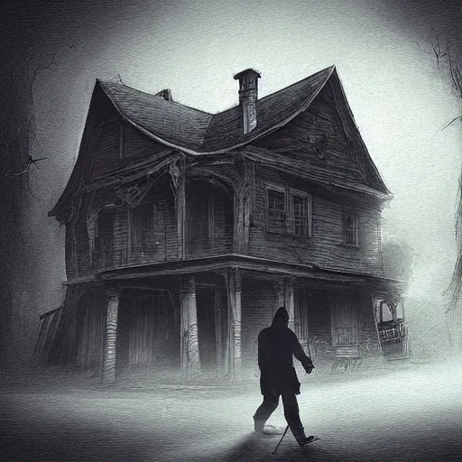 Prompt: a man walks through a haunted house, dark, creepy, detailed, digital art