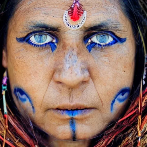 Prompt: A 39 years old female Indian Shaman‘s face, blue eyes