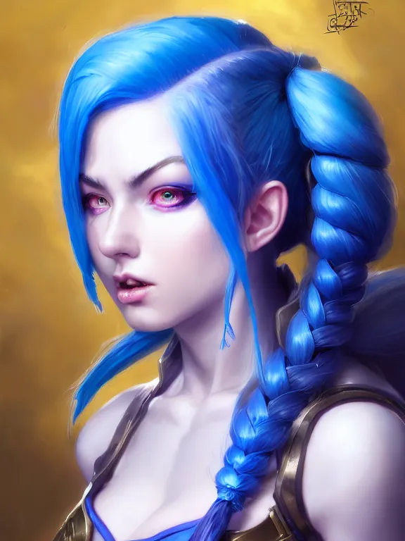prompthunt: League of Legends Jinx, lol Jinx render as a very beautiful 3d  anime girl, hot petite, long braided blue hair, twisted braid, azure blue  eyes, full round face, short smile, cinematic
