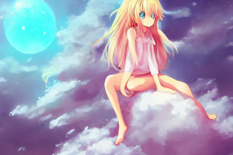 Image similar to a cute anime girl sitting on a cloud, digital painting, anime, portrait