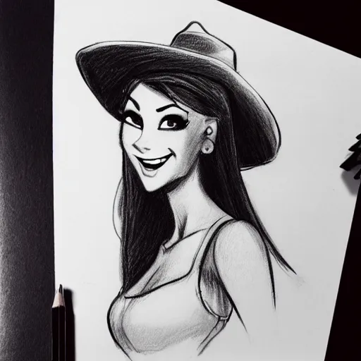 Image similar to milt kahl pencil sketch of victoria justice with a cowboy hat