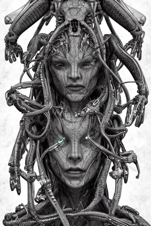 Image similar to cyborg medusa with gunmetal grey skin, medical anatomy, very symmetrical face, highly detailed, mecha, three - perspective / three - view reference sheet ( front / back / side ), in the style of dan ouellette, hr giger, sil from species, dren from splice, biomechanical, artstation, unreal engine