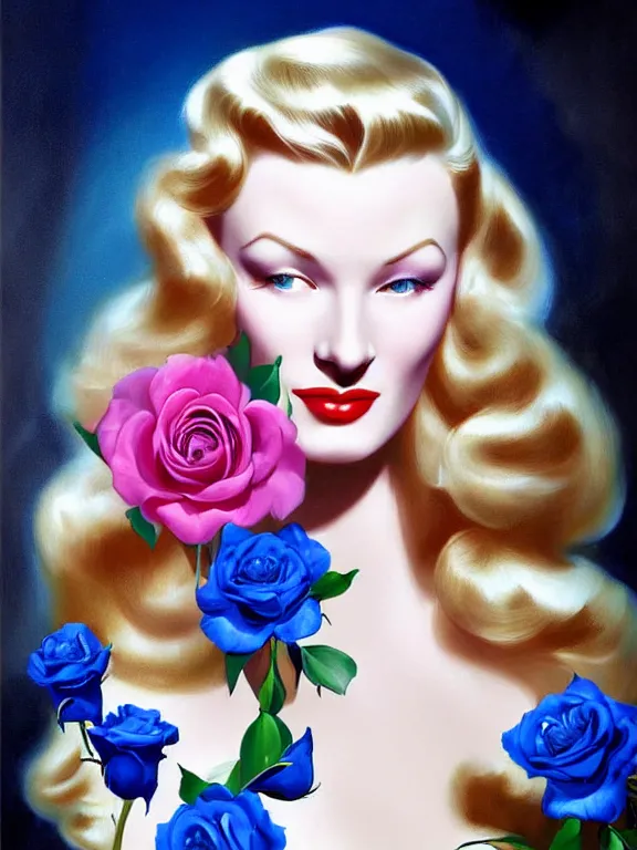 Prompt: beautiful digital painting Veronica Lake and blue roses and pearls, by Rolf Armstrong, artstation, Behance, 4K