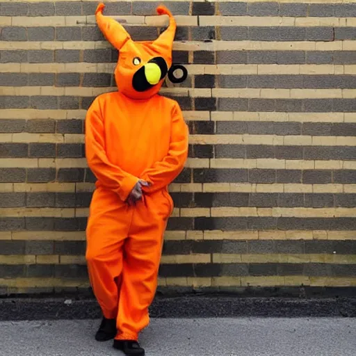 Image similar to inmate with orange suit and wearing a bee head