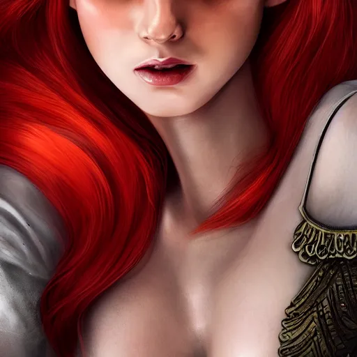 Image similar to perfectly - centered close - up portrait - photograph of red - haired goddess with glowing - red - eyes, the perfect human female specimen, with a fiery aura, intricate, elegant, super highly detailed, professional digital painting, artstation, concept art, smooth, sharp focus, no blur, no dof, extreme illustration, unreal engine 5, 8 k, by anne stokes