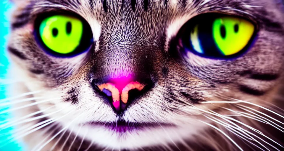 Image similar to up close fisheye lens photo of a cats face, macro photography, complementing colors, film