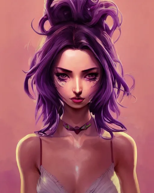 Image similar to beautiful ana da armas purple hair tattoos symmetrical face stunning eyes full length fantasy art icon, 2d art cover , official fanart behance hd artstation by Jesper Ejsing, by RHADS, Makoto Shinkai and Lois van baarle, ilya kuvshinov, rossdraws