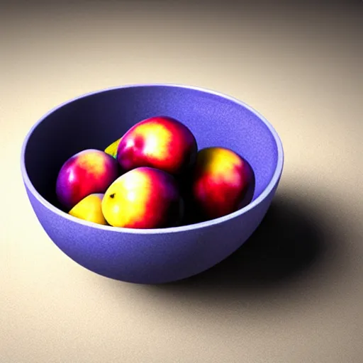 Image similar to a thick porcelain bowl filled with a few moist freshly picked plums on a wooden table. volumetric lighting. 4 k. small scale. realistic.