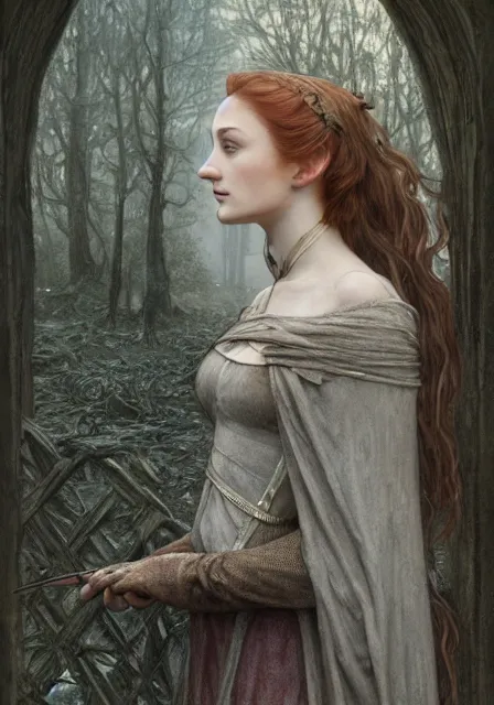 Image similar to portrait of sansa stark in foggy ruins of castle, autumn, intricate, elegant, highly detailed, digital painting, artstation, concept art, smooth, sharp focus, illustration, art by artgerm and greg rutkowski and alphonse mucha and william - adolphe bouguereau