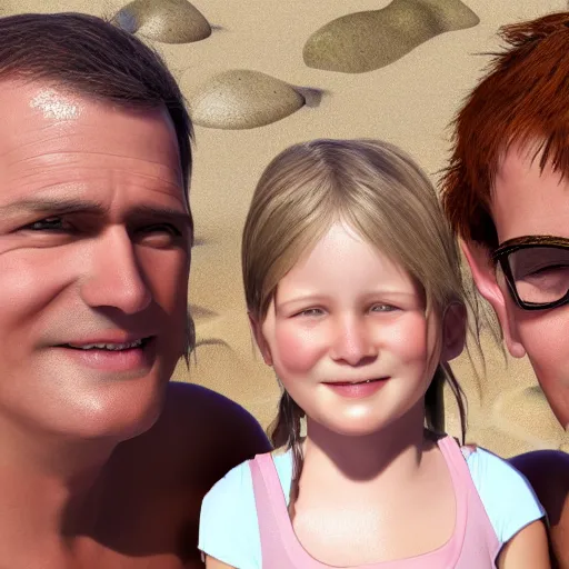 Prompt: portrait of a happy family on a beach, realistic shaded perfect face, extremely fine details, realistic shaded lighting, 8 k ultra realistic, highly detailed, ultra detailed