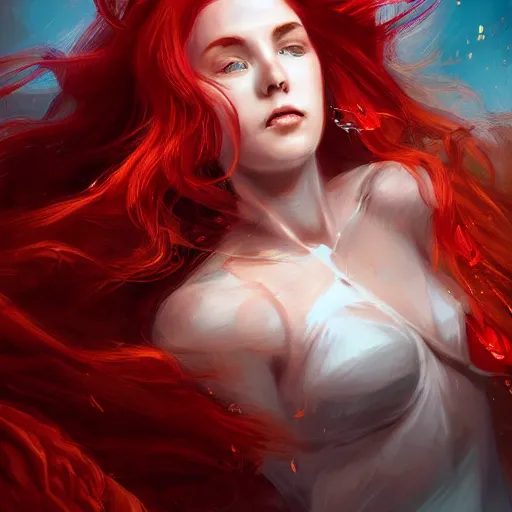 Prompt: a red haired goddess hanging upside down, long hair billowing down, intricate, elegant, highly detailed, digital painting, artstation, concept art, matte, sharp focus, illustration, in the style of magic the gathering