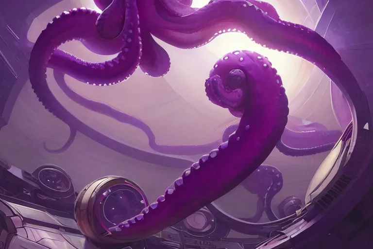 Prompt: Giant purple octopus in a space station, elegant, intricate, retrofuturistic digital painting, artstation, concept art, smooth, sharp focus, illustration, art by artgerm and greg rutkowski and alphonse mucha