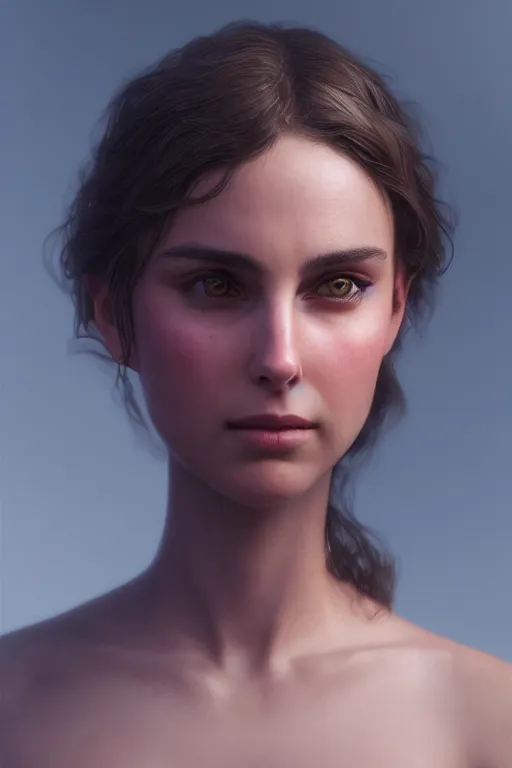 Image similar to a girl Nathalie Portman portrait, loving amber eyes, a shy face, unreal 5, hyperrealistic, octane render, Regal, Refined, Detailed Digital Art, RPG portrait, William-Adolphe Bouguereau, Michael Cheval, dynamic lighting, Highly Detailed, Cinematic Lighting, Unreal Engine, 8k, HD