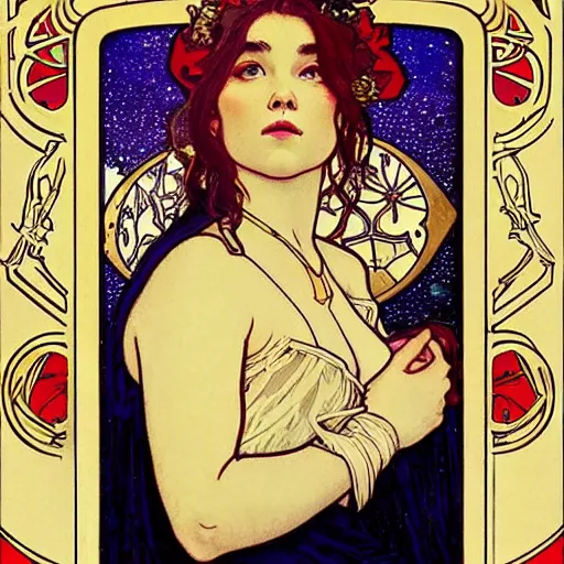 Prompt: florence pugh portrait by louis - theophile hingre and alphonse mucha, realistic, sharp focus, zodiac signs, tarot cards, planets, ethereal, art nouveau, magic, moon, sun, crown, dreamy, royal, jewellery