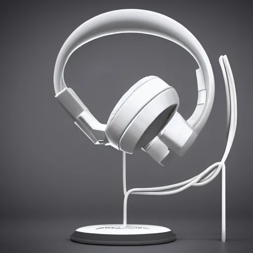 Image similar to product still of headphone stand, futuristic, techno, cyberpunk, product design, 3 d render, 3 d concept, fun, swag