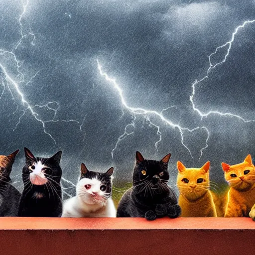 Prompt: daytime outdoor photograph of colorful cats in the middle of the storm, cloudy sky, thunder, lightning