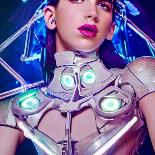 Prompt: beautiful Fine art photo of enraptured Dua Lipa as a solarpunk robotic goddess, white mechanical parts with led lights, photorealistic, centered, chest and face, highly detailed and intricate, sun lighting, HDR 8k