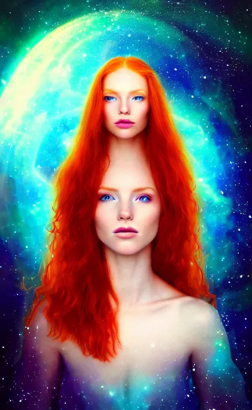 Image similar to space astral portrait of a beautiful girl, red hair, ginger hair, fantasy, glowing skin, smooth face, perfect eyes, half body shot, tarot card