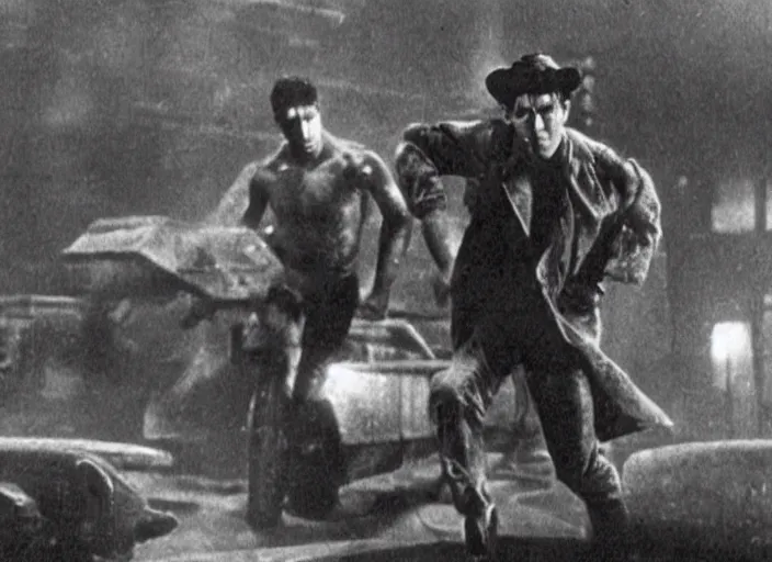 Image similar to action scene from the 1912 science fiction film Blade Runner