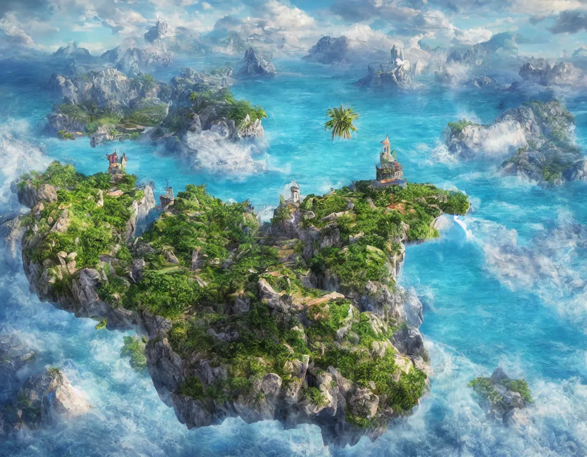 Prompt: ultra realistic illustration of magical island floating in the sky, hd, hdr, cinematic 8 k, ultra detailed, high resolution, smooth, sharp focus, illustration, art by stanisław wyspianski