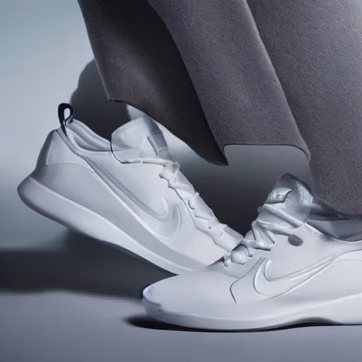 Image similar to a futuristic white nike shoe inspired by spaceship interiors with technical mech details and translucent materials, hyper realistic soft light commercial photography