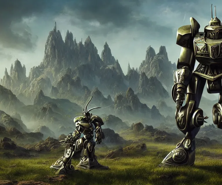 Image similar to stylistic vray 3 d render of sidescrolling shooter robotech warhammer, silver ornate armor warrior, green orcs surrounding him, mountains and giant gothic abbeys in the background!!!, hyperrealism, fine detail, 8 k, artsation contest winner, fantasy art, brush strokes, oil, canvas, by mandy jurgens and michael whelan