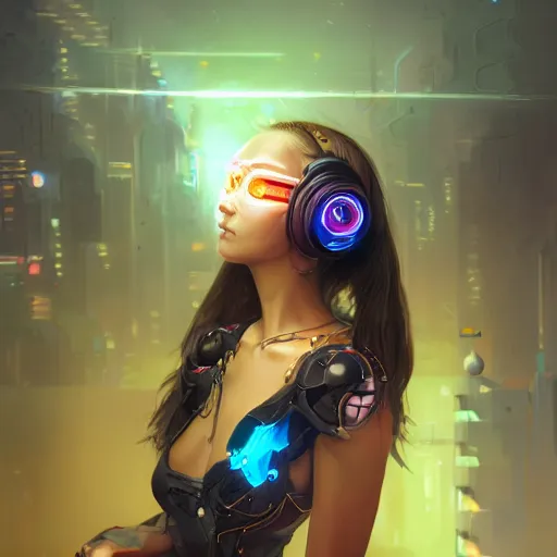 Image similar to portrait of a beautiful cybernetic raver girl wearing a occulus headset, cyberpunk concept art by pete mohrbacher and artgerm and wlop and deathburger and syd mead, digital art, highly detailed, intricate, fantasy, mystical, sharp focus, Trending on Artstation HQ, deviantart, unreal engine 5, 4K UHD image