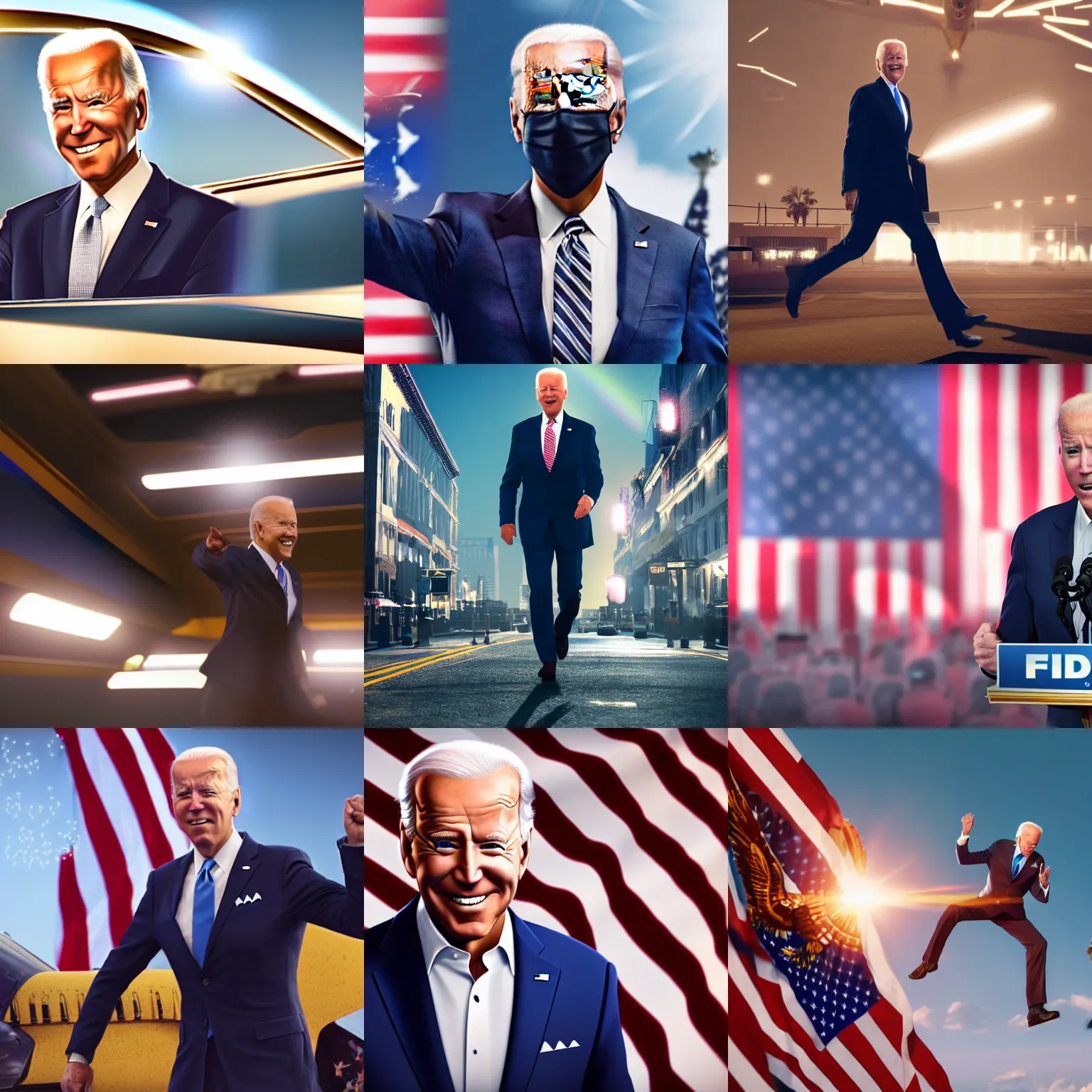 Prompt: Joe Biden obtains the ability to fly, cinematic, hyper realism, high detail, bright lights, lens flare, octane render, 8k