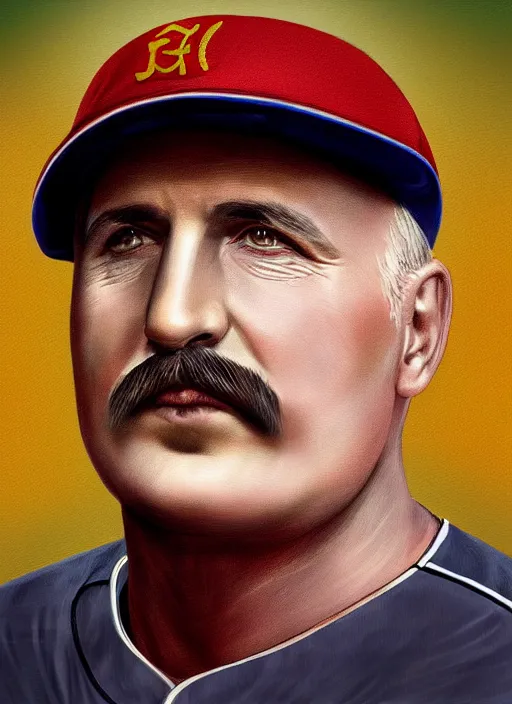 Image similar to digital portrait of a famous baseball player looking like alexander lukashenko, photo realism