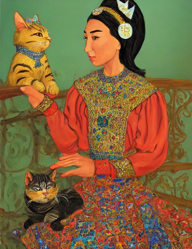 Image similar to central asian queen with cat ears, wearing a lovely dress. this oil painting by the beloved children's book author has impeccable lighting, an interesting color scheme and intricate details.