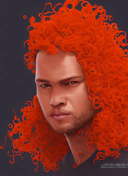 Image similar to illustration of curly orange hair man from mervel's spider man : miles morales, au naturel, hyper detailed, digital art, trending in artstation, cinematic lighting, studio quality, smooth render, unreal engine 5 rendered, octane rendered, art style by klimt and nixeu and ian sprigger and wlop and krenz cushart and marvel