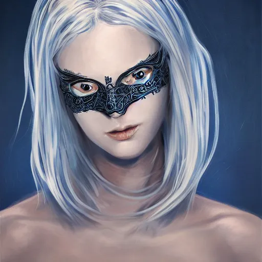 Image similar to female android, face masked with filigree, elegant, intricate, highly detailed, filigree, steel, phthalo blue, trending on artstation, smooth, digital painting, sharp focus