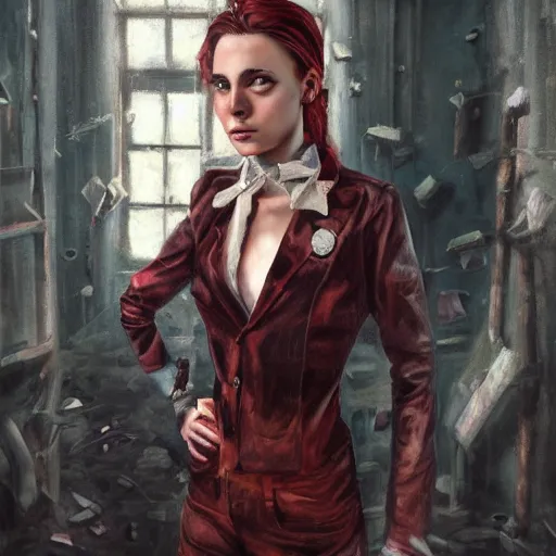 Prompt: oil painting of jinx arcane, standing in abandoned building, wearing formal uniform, in style of charlie bowater, detailed face,