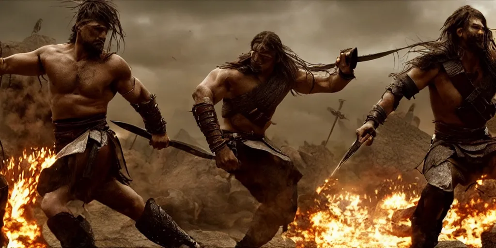 Image similar to epic battle screen of hero, film still from the movie'3 0 0'( 2 0 0 6 ), 3 d, 8 k realistic, cryengine, playstion 5 screen, cinematic lighting