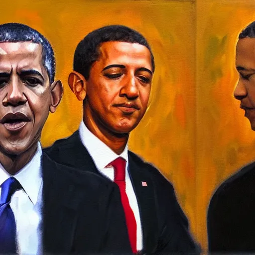 Image similar to expressive oil painting of Barack Obama and Mark Zuckerberg staring angrily at the viewer