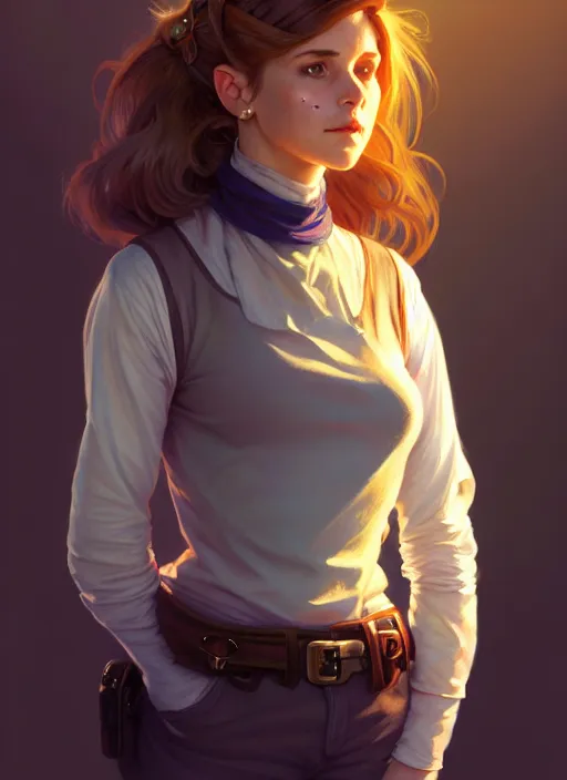 Image similar to portrait of a full body of beautiful young female detective, d & d, sleeveless turtleneck, fantasy, flat lighting, intricate, highly detailed, digital painting, artstation, concept art, smooth, sharp focus, illustration, art by simon bisley and greg rutkowski and alphonse mucha, natural tpose