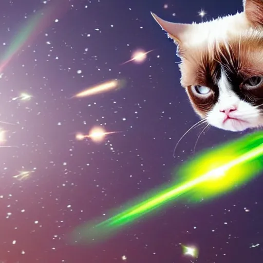 Image similar to photo of hyperspeed flying through outer space, grumpy cat running fast with motion blur