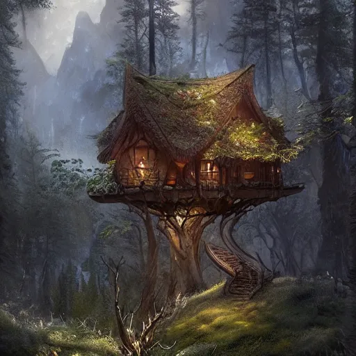 Prompt: elves living in elven treehouses, beautiful landscape, dramatic lighting, cinematic, extremly high detail, photorealistic, cinematic lighting, post processed, concept art, artstation, matte painting, style by greg rutkowsky