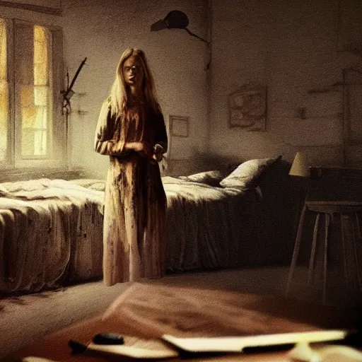 Image similar to Elle Fanning in the painted world of The Walking Dead, head and shoulders masterpiece, apocalypse, golden hour, cosmic horror, artstation, in the style of Andrew Wyeth and Edward Hopper and Bosch, extremely detailed