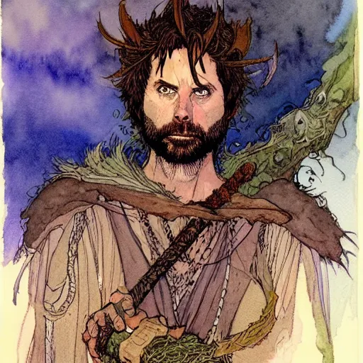 Image similar to a realistic and atmospheric watercolour fantasy character concept art portrait of charlie day as a druidic warrior wizard looking at the camera with an intelligent gaze by rebecca guay, michael kaluta, charles vess and jean moebius giraud
