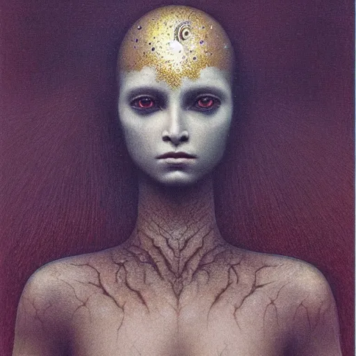 Prompt: portrait of ethereal young crow princess in golden armour by Beksinski