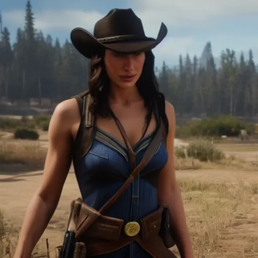 Image similar to Film still of Gal Gadot, from Red Dead Redemption 2 (2018 video game)