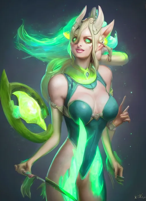 Prompt: silly soraka, from league of legends, health supporter, hyper detailed, green aura in wand, au naturel, digital art, trending in artstation, cinematic lighting, studio quality, smooth render, unreal engine 5 rendered, octane rendered, art style by klimt and nixeu and ian sprigger and wlop and krenz cushart