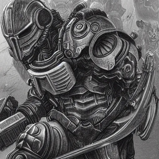 Image similar to a hyper - detailed pencil drawing of doom slayer by kentaro miura,