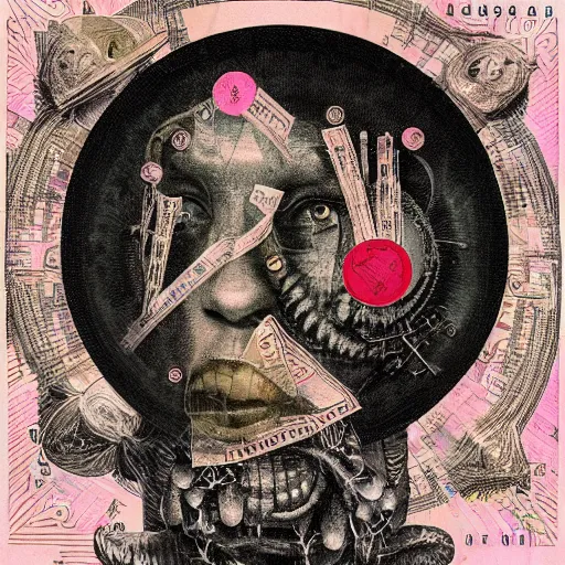 Image similar to post - punk new age album cover, asymmetrical design, dollar bank notes, capitalism, magic, apocalypse, psychedelic, black white pink, highly detailed, magic, giger h. r., giuseppe arcimboldo